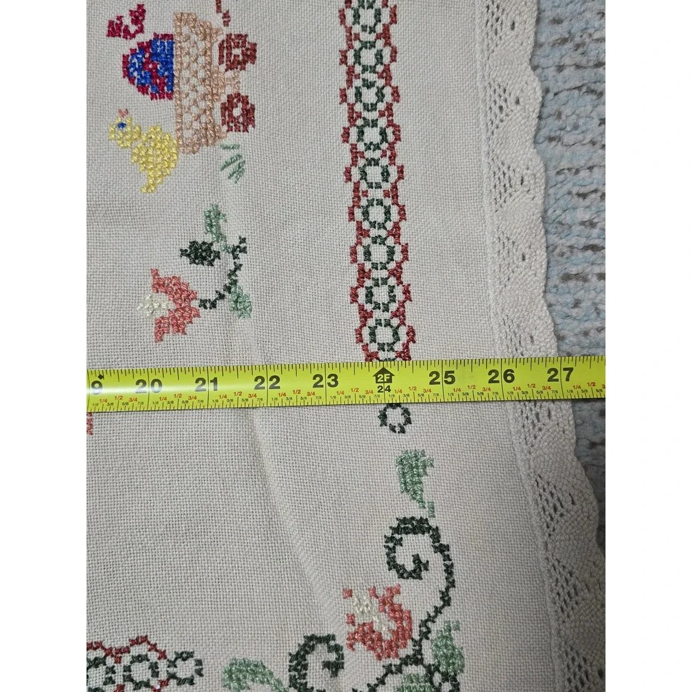 Vintage Handmade Embroidered Donkey Cart Floral Tablecloth Cottagecore Decor (V)